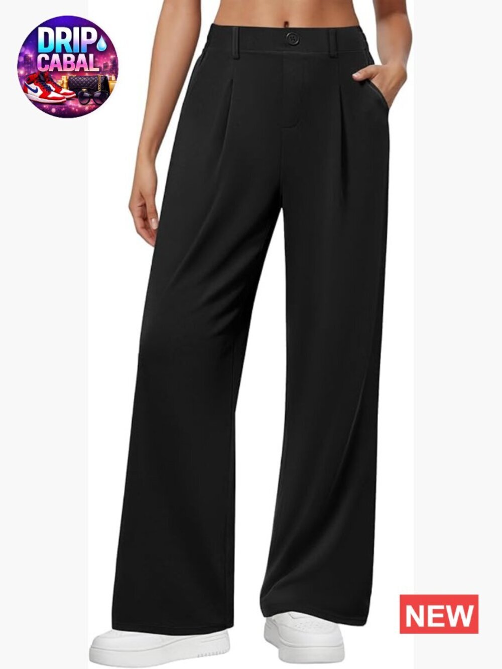 Polyester Blend Wide Leg Dress Pants with Pockets, Elastic Waist